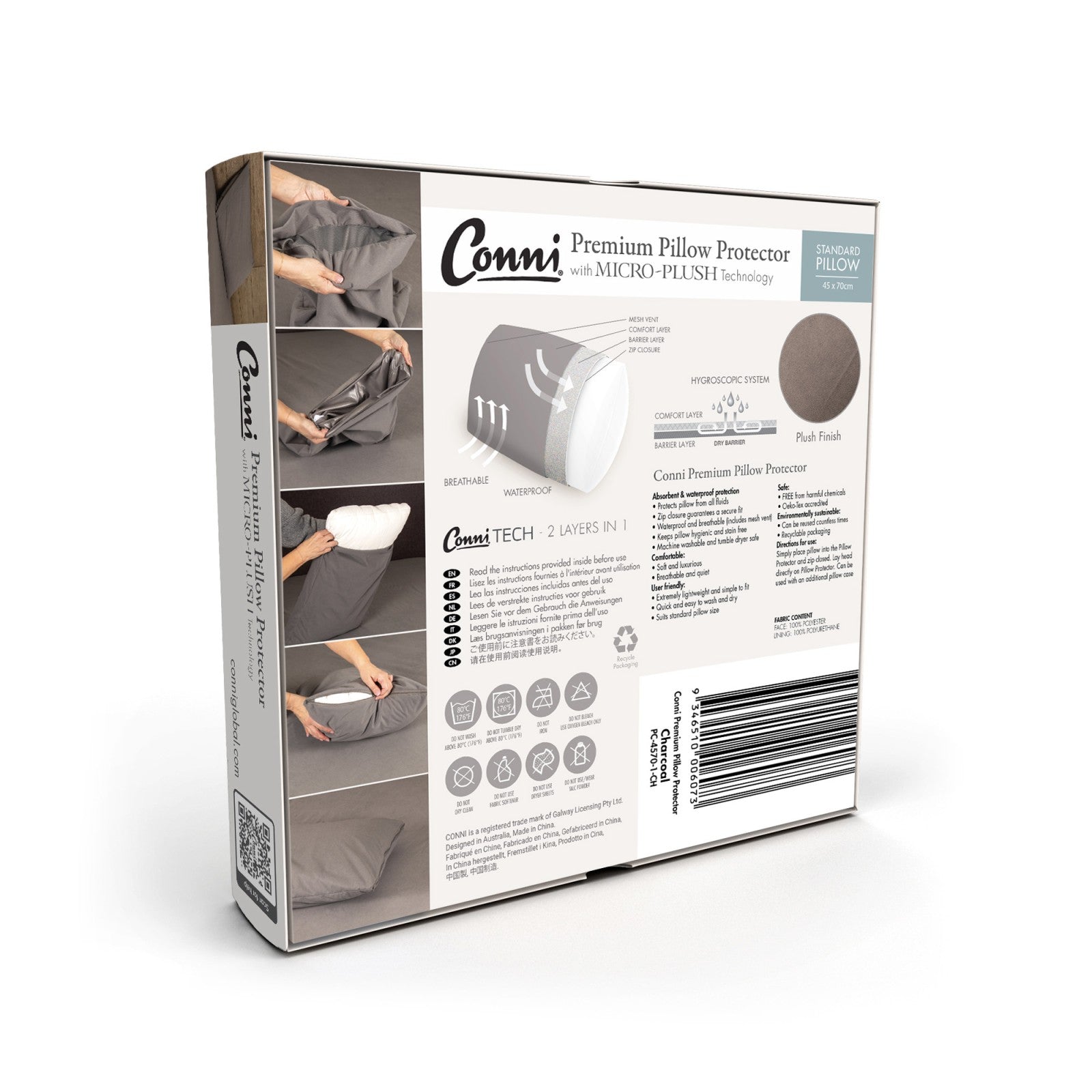 Conni Premium Micro-Plush Waterproof Pillow Protector | Charcoal
